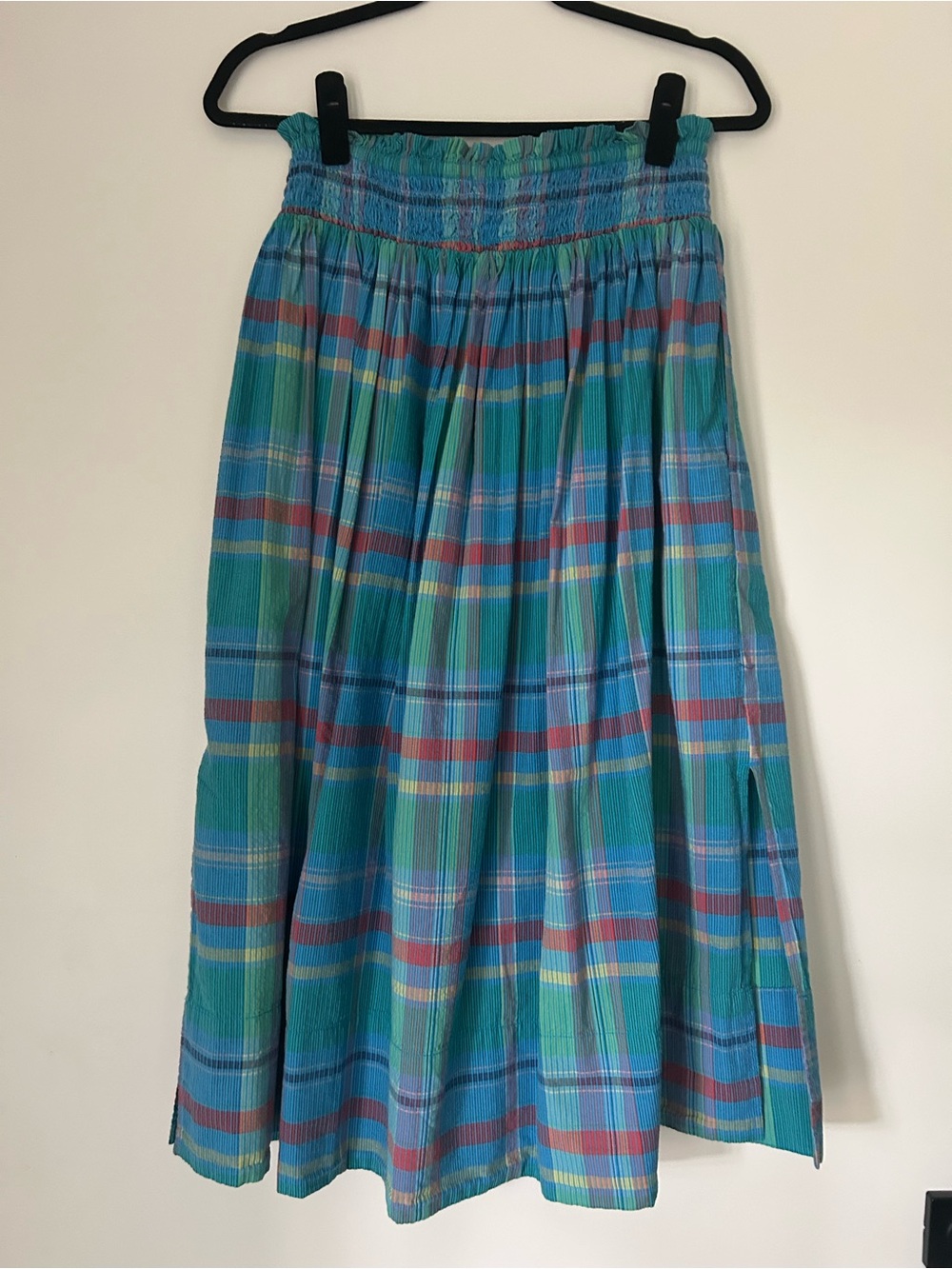 Plaid Midi Skirt in Blue and Teal with Drawstring Waist - Picture 3 of 6